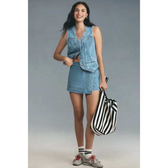 Damson Madder Pants - NWOT Damson Madder Rory High Rise Denim Wrap Skort Embroidered Trims Blue 16